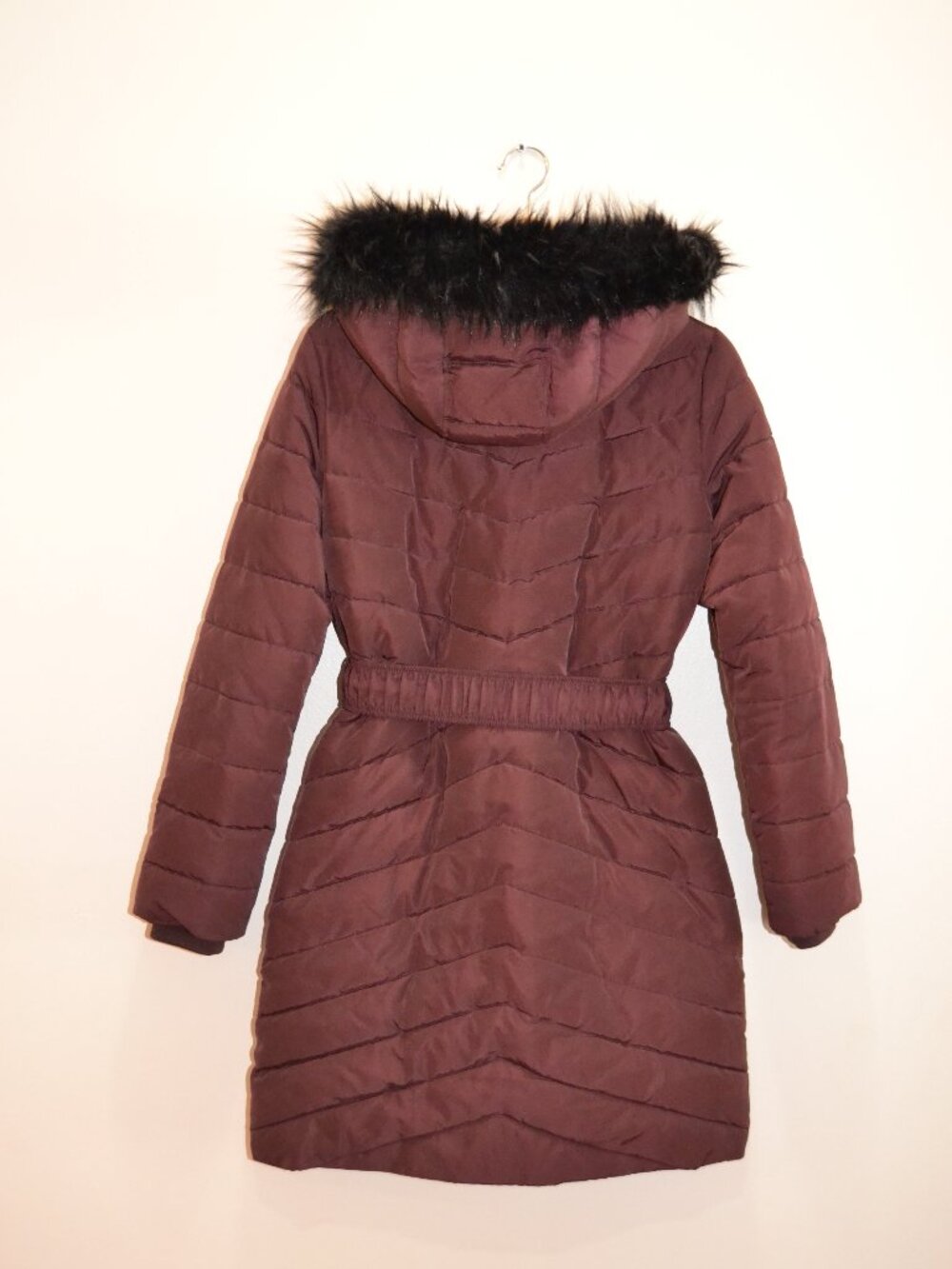 Express Maroon Belted Long Puffer Coat w Detachable Faux Fur Hood sz Small - Picture 13 of 13